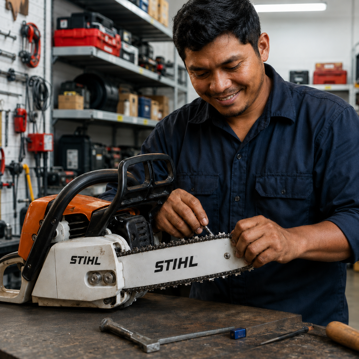 Técnico da MAQPEL ajustando motosserra Stihl em banco de trabalho na oficina