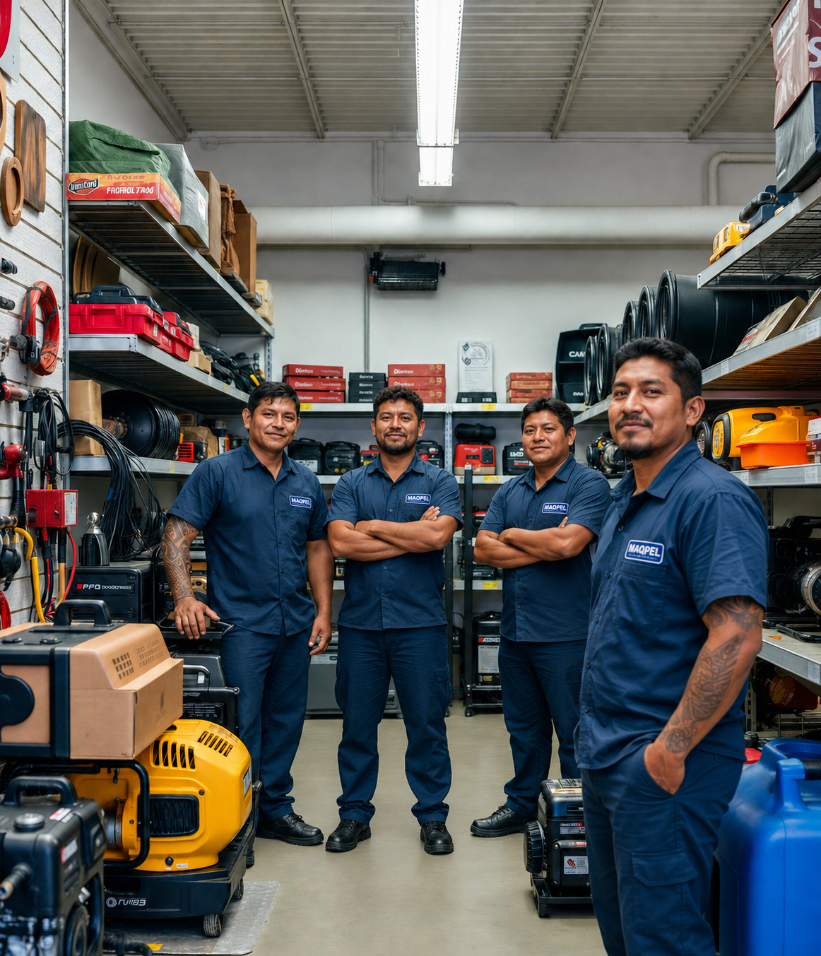 Equipe MAQPEL em loja com máquinas, geradores e ferramentas